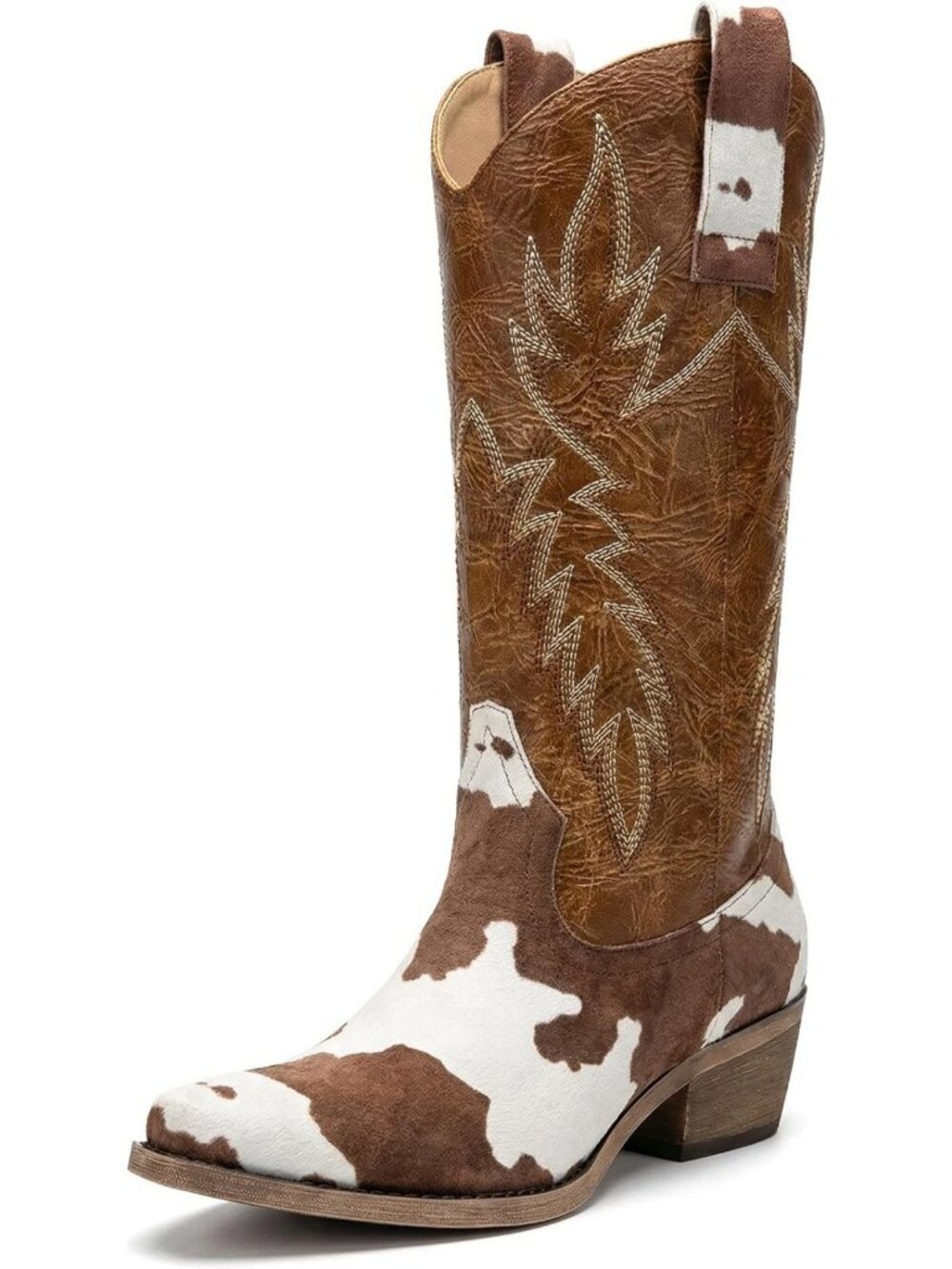 Stylish Cow Print Knee-High Cowboy Boots for Women, Pointed Toe Western Footwear